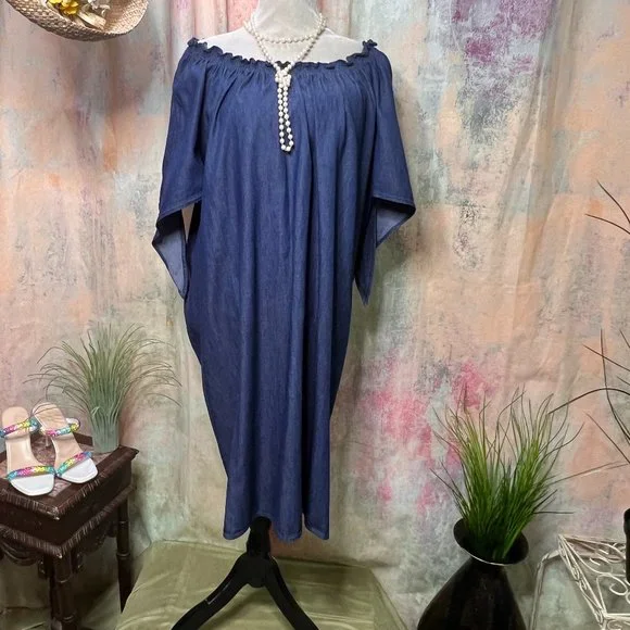 Terra & Sky | Dresses | Terra Sky Denim Dress With Smocked Neckline Wear On  Or Off Shoulders | Poshmark